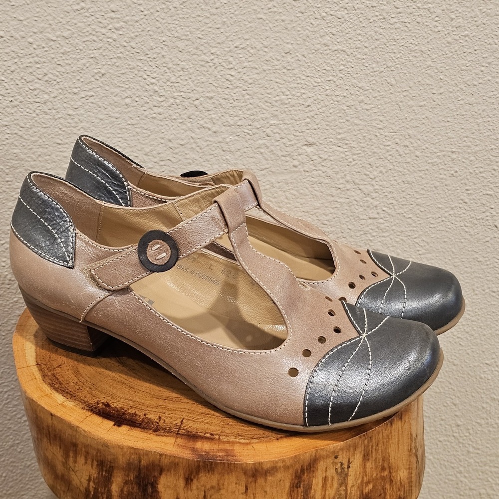 Fidji Leather Mary Jane‎ Pumps Pearl Gloss Cone Heel Round Toe EUR 41.5 US 10.5